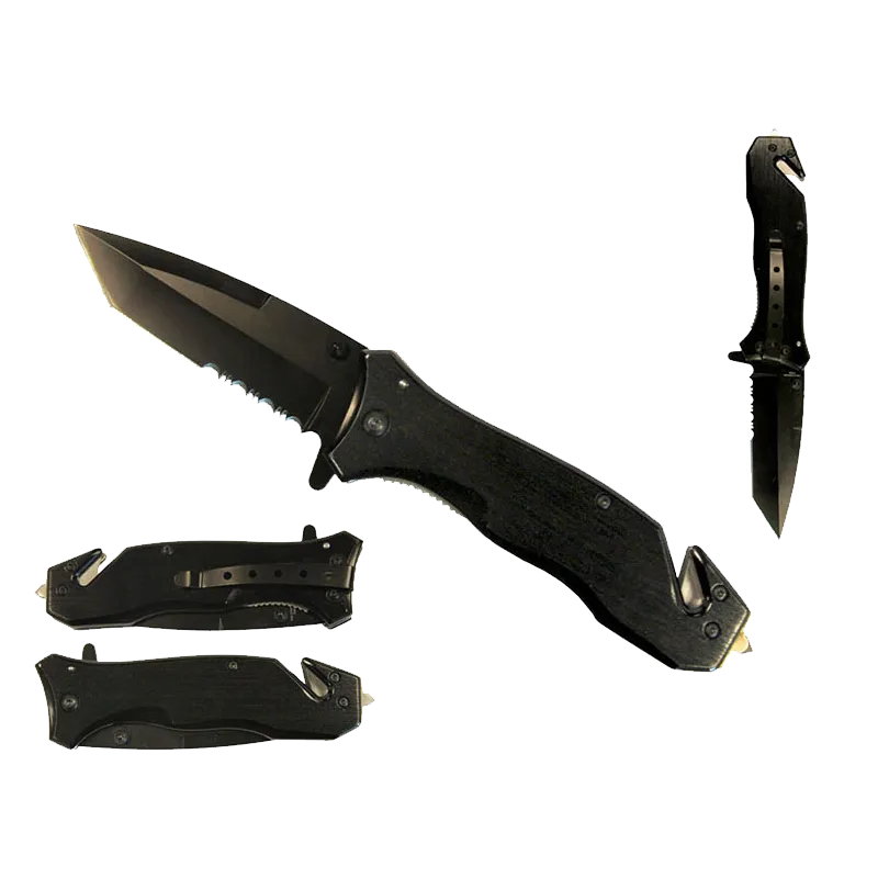 8" Black Folding Knife with seat belt cutter and glass breaker