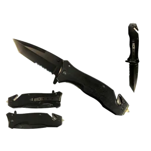 8" Black Folding Knife with seat belt cutter and glass breaker