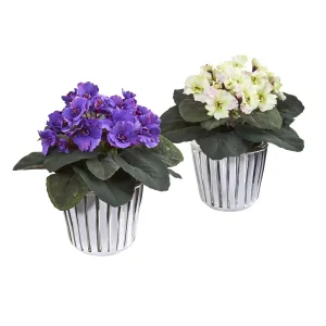 9” African Violet Artificial Plant in White Vase (Set of 2)