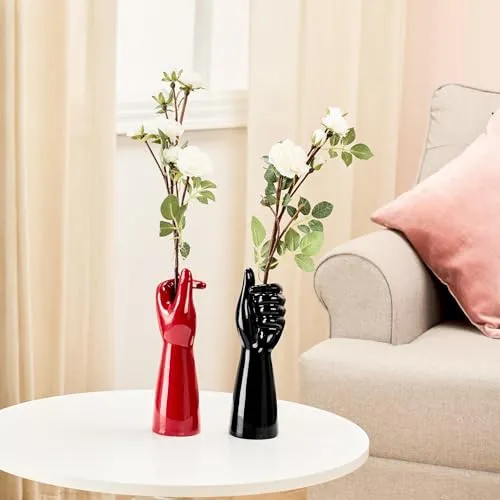 Amazon Basics Hand Shape Ceramic Vase Artificial Flowers Pot (Pack of 2, Black and Red)