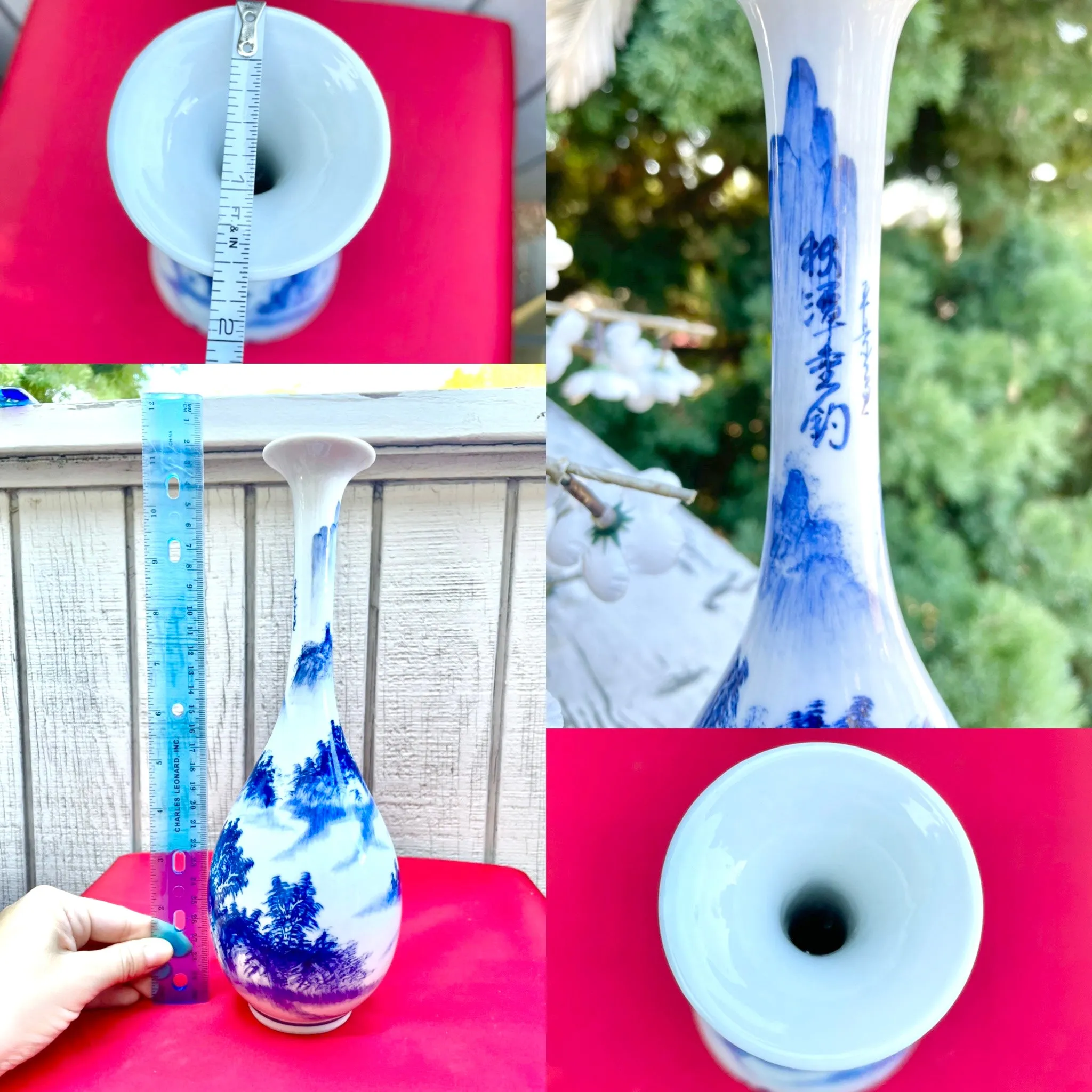 Antique Blue & White Asian Japanese Signed Decorative Porcelain Tall Vase