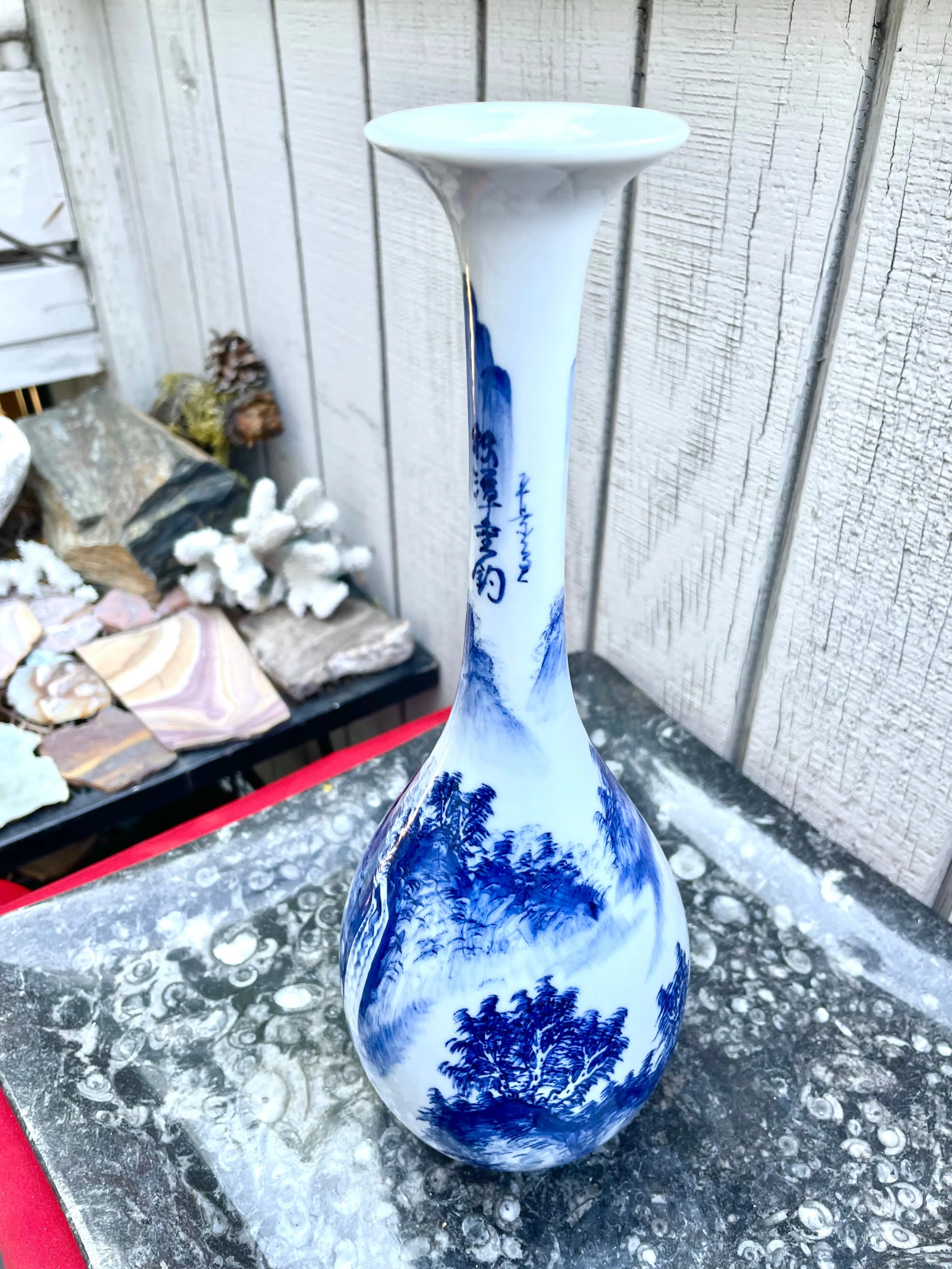 Antique Blue & White Asian Japanese Signed Decorative Porcelain Tall Vase