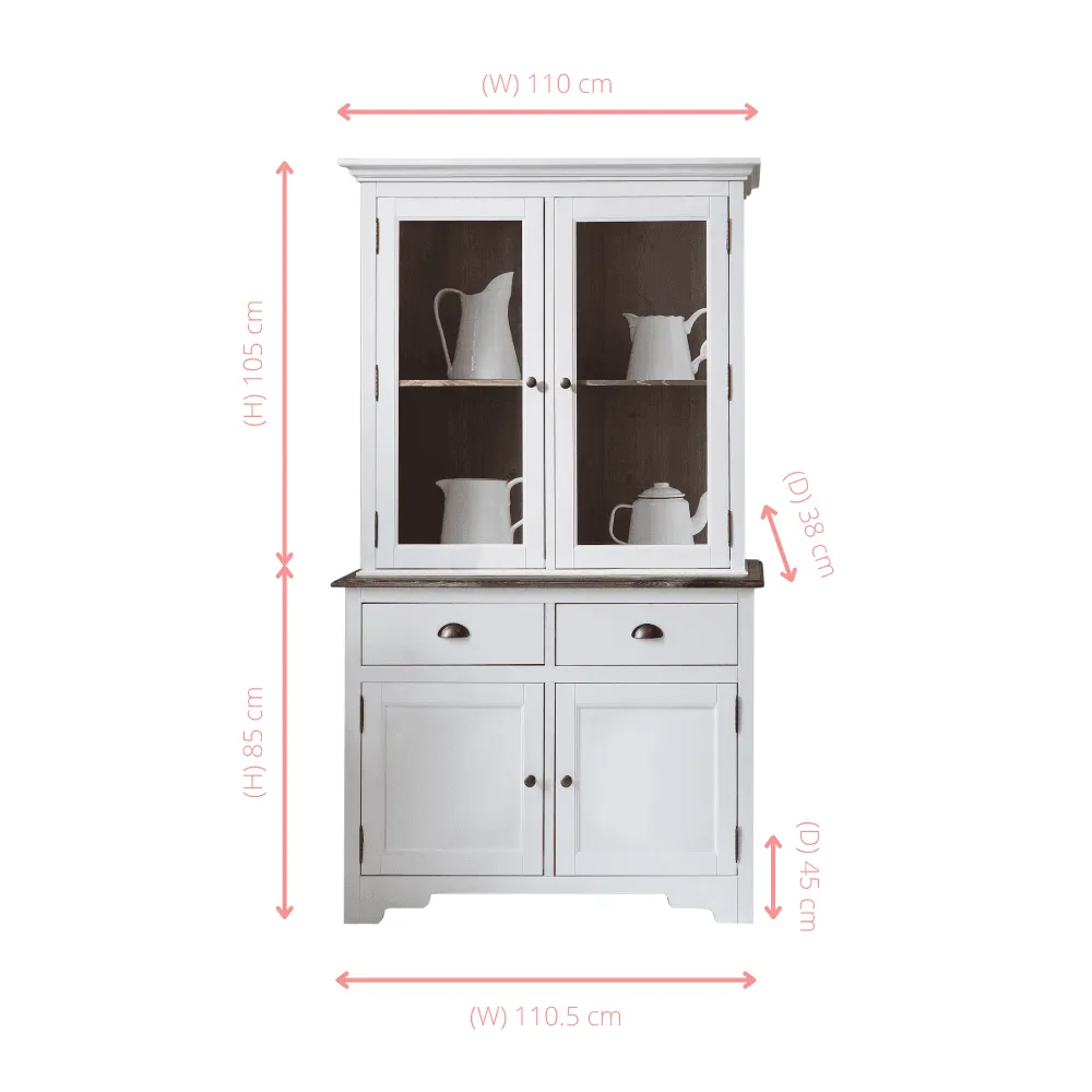 Canterbury Dresser Cabinet with 2 Drawer Glass Doors in White and Dark Pine