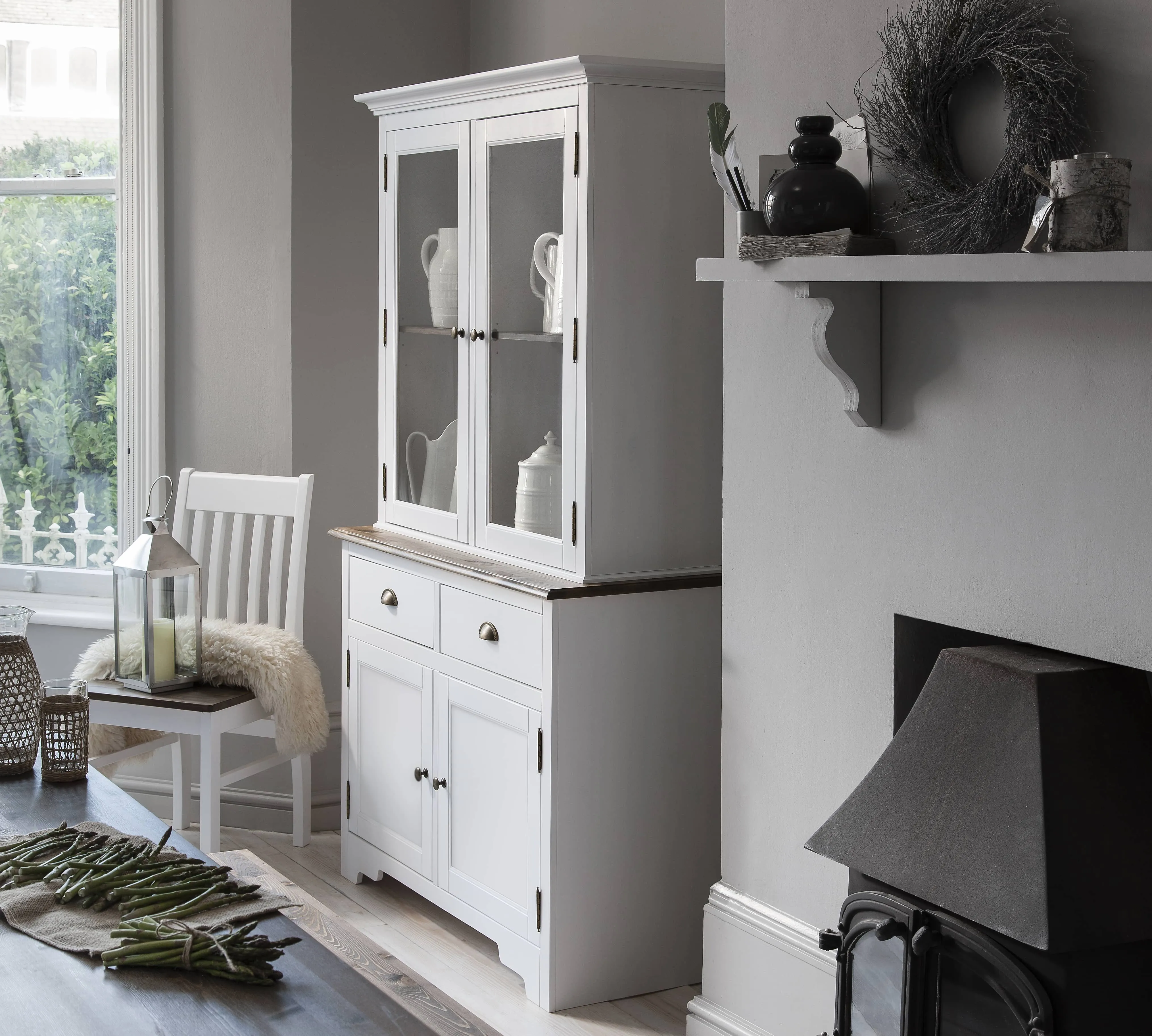 Canterbury Dresser Cabinet with 2 Drawer Glass Doors in White and Dark Pine