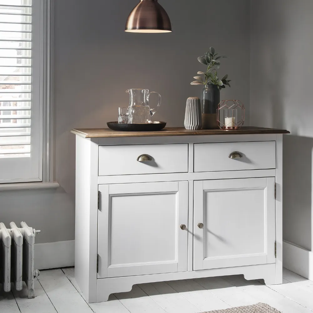 Canterbury Dresser Cabinet with 2 Drawer Glass Doors in White and Dark Pine