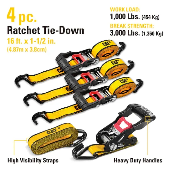 CAT 4 PIECE 16 FT. HEAVY DUTY RATCHETING TIE DOWN STRAPS - 1100 LB