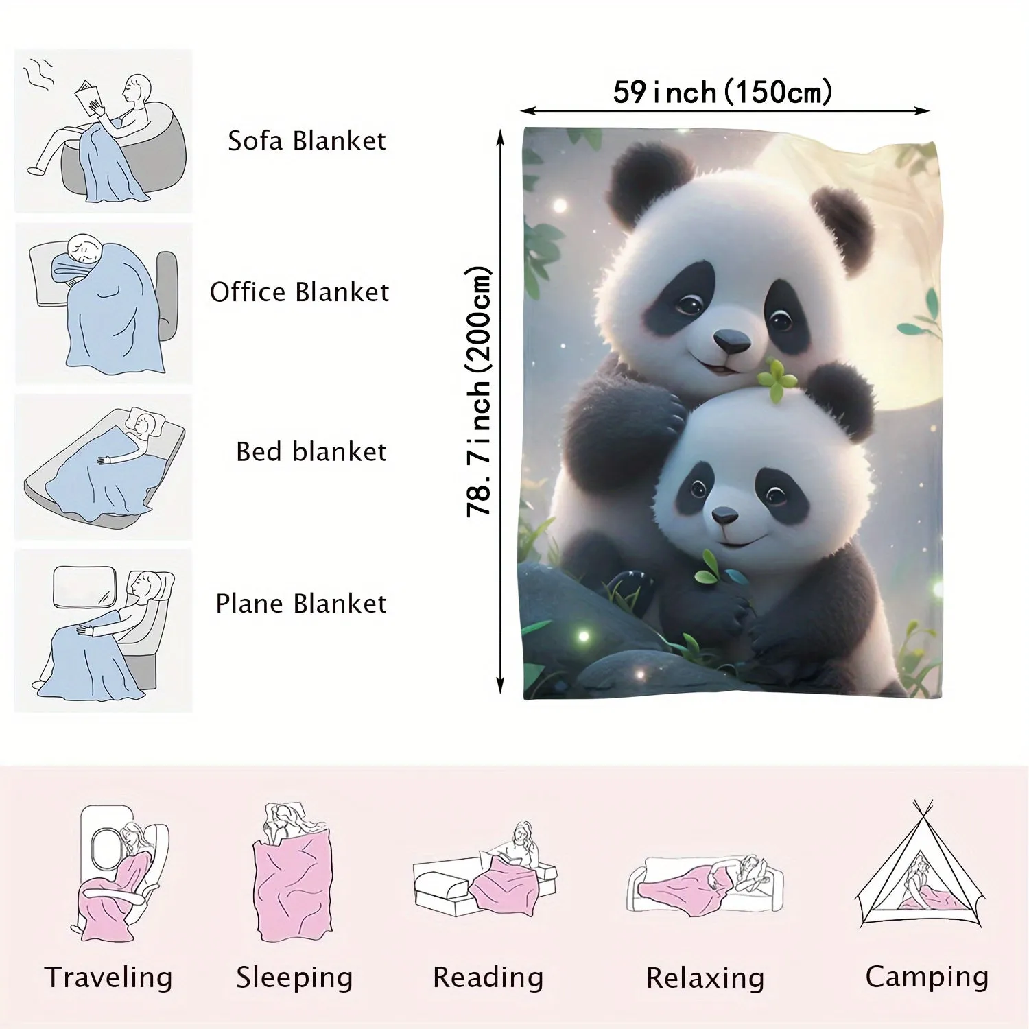 Cute Panda Flannel Blanket Soft Multipurpose Throw for Home  Outdoors