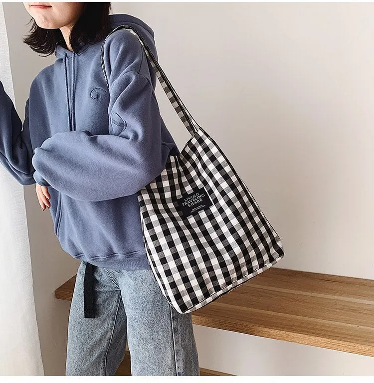 Darianrojas Fashion Durable Women Student Cotton Linen Single Shoulder Bag Shopping Tote Check Plaid Female Flax Canvas  Bags