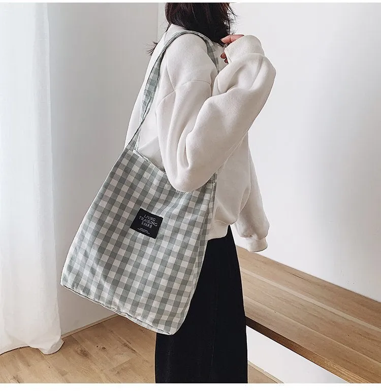 Darianrojas Fashion Durable Women Student Cotton Linen Single Shoulder Bag Shopping Tote Check Plaid Female Flax Canvas  Bags