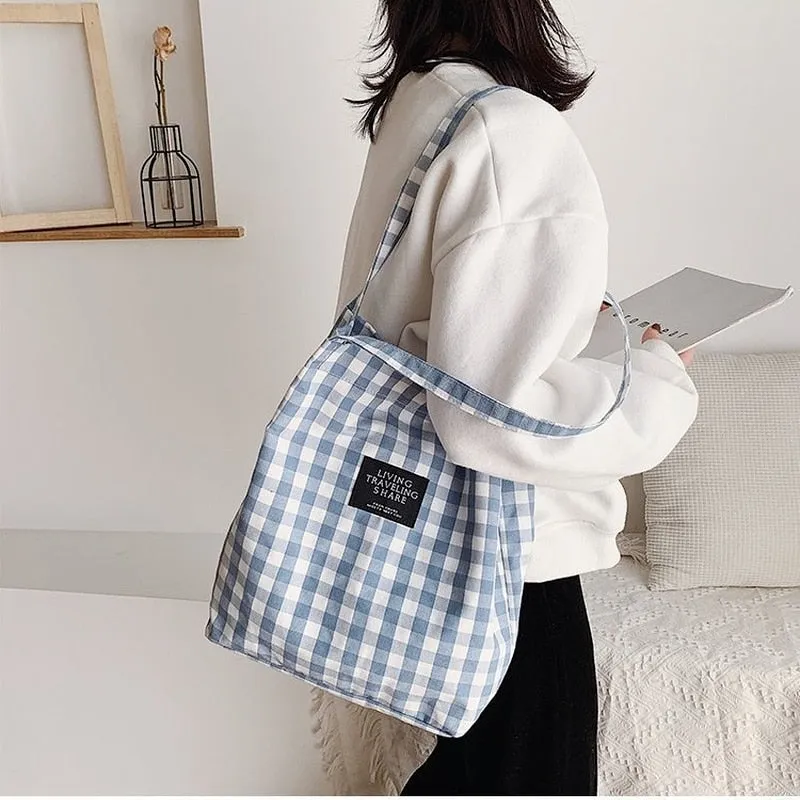 Darianrojas Fashion Durable Women Student Cotton Linen Single Shoulder Bag Shopping Tote Check Plaid Female Flax Canvas  Bags