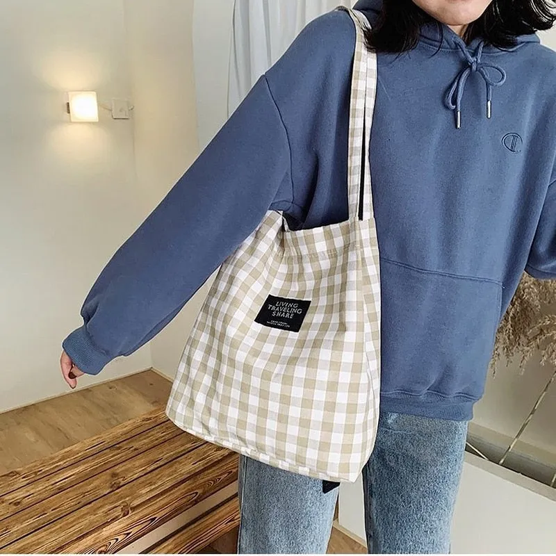 Darianrojas Fashion Durable Women Student Cotton Linen Single Shoulder Bag Shopping Tote Check Plaid Female Flax Canvas  Bags