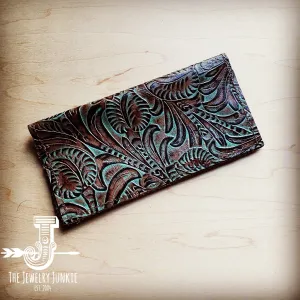 **Embossed Leather Wallet in Turquoise Brown Floral 301e