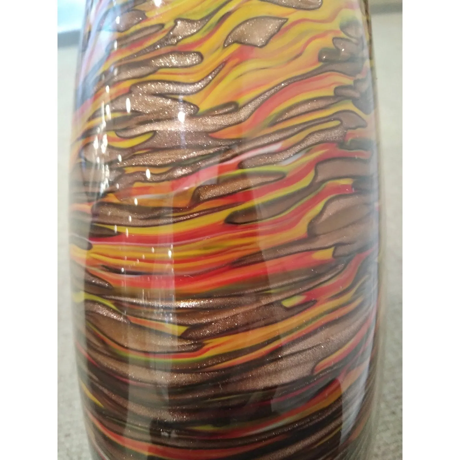 Formia 1980s Modern Elliptical Brown Yellow Red Orange Gold Murano Glass Vase