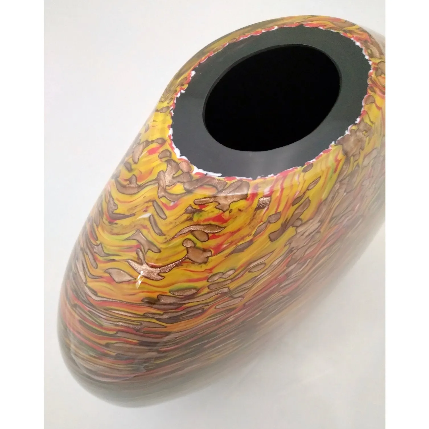 Formia 1980s Modern Elliptical Brown Yellow Red Orange Gold Murano Glass Vase