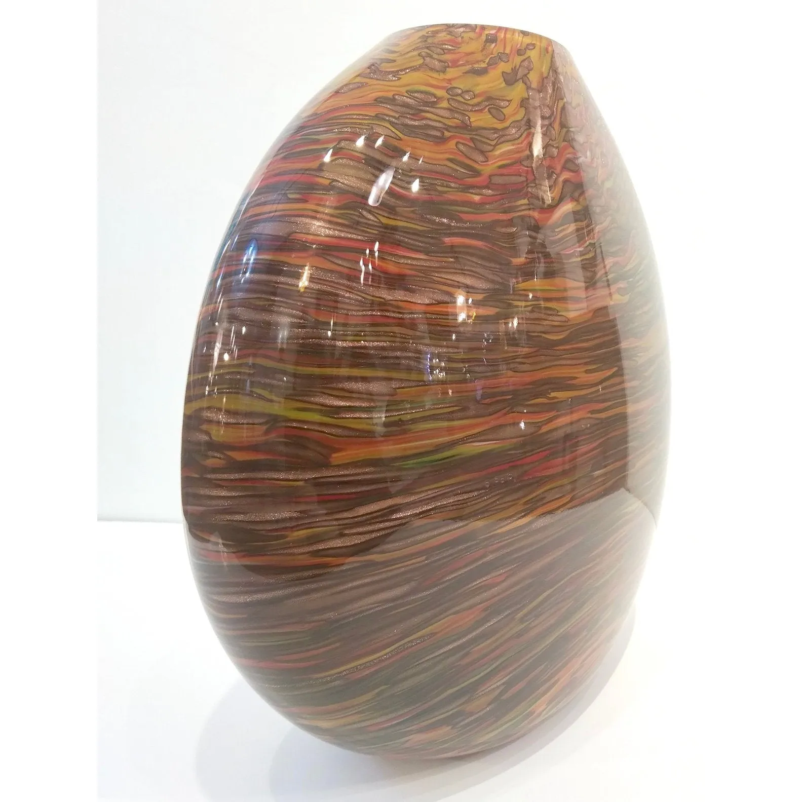 Formia 1980s Modern Elliptical Brown Yellow Red Orange Gold Murano Glass Vase