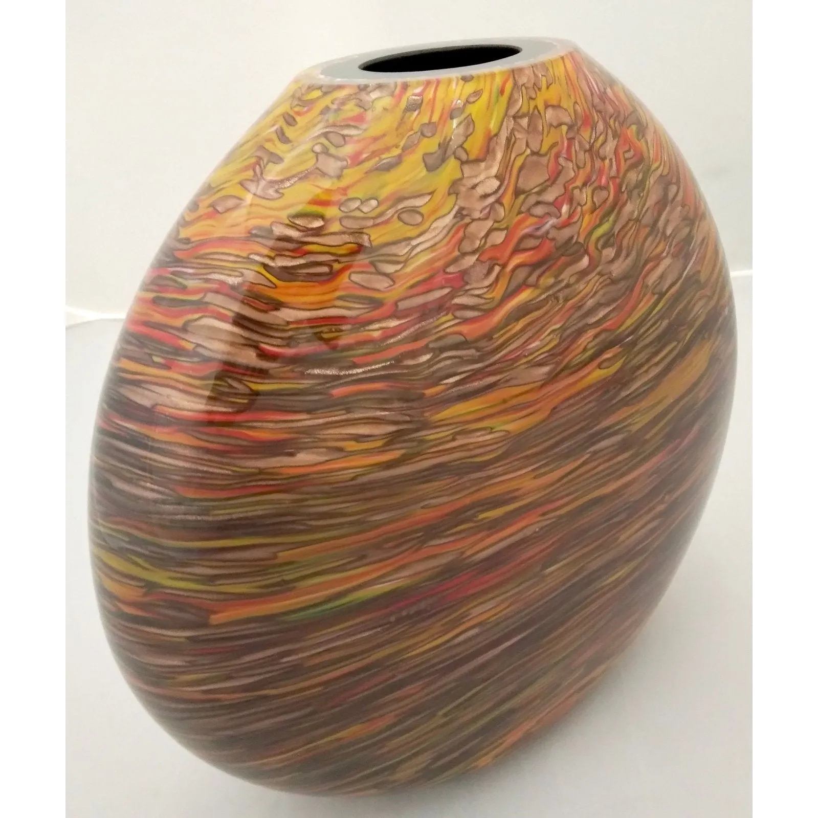 Formia 1980s Modern Elliptical Brown Yellow Red Orange Gold Murano Glass Vase