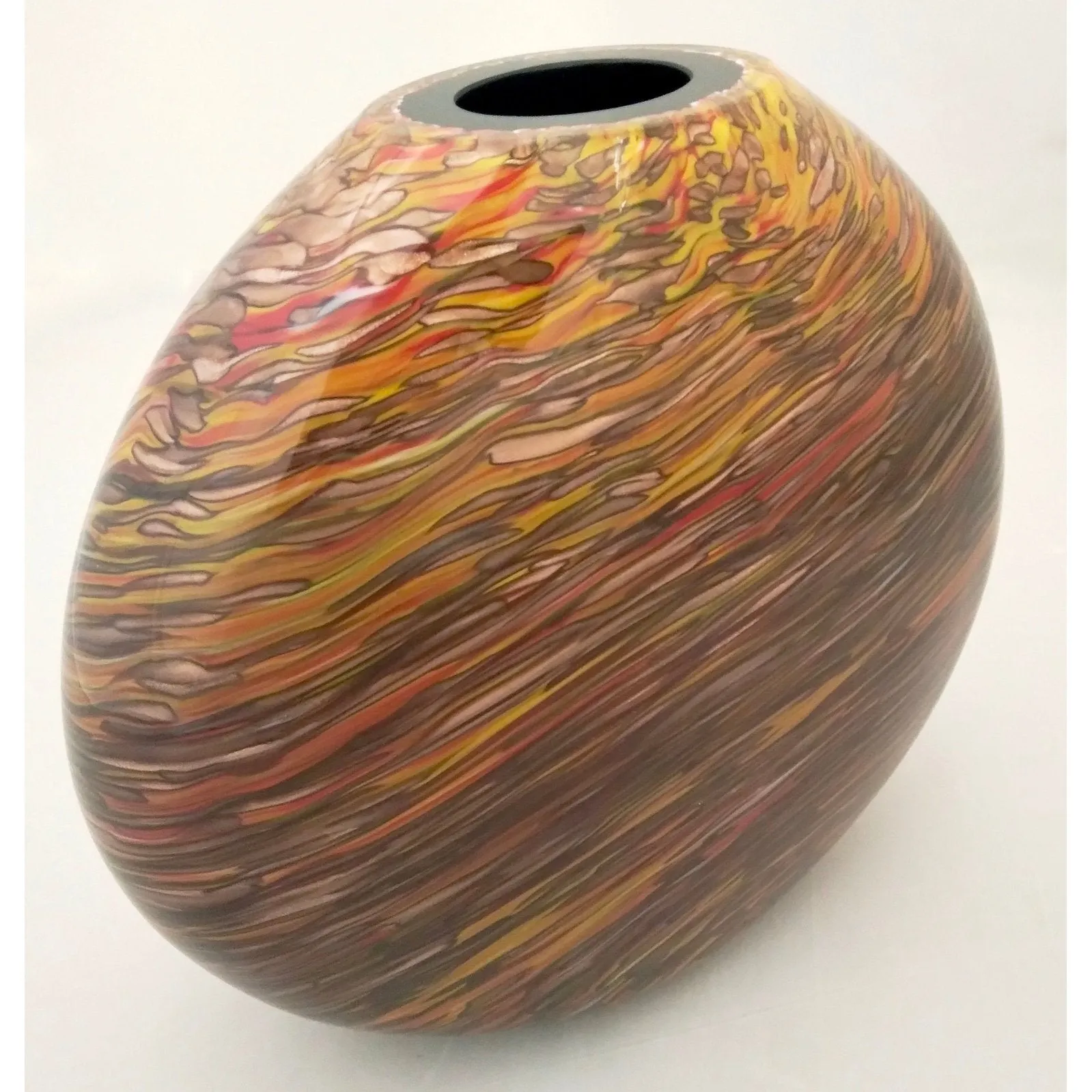 Formia 1980s Modern Elliptical Brown Yellow Red Orange Gold Murano Glass Vase