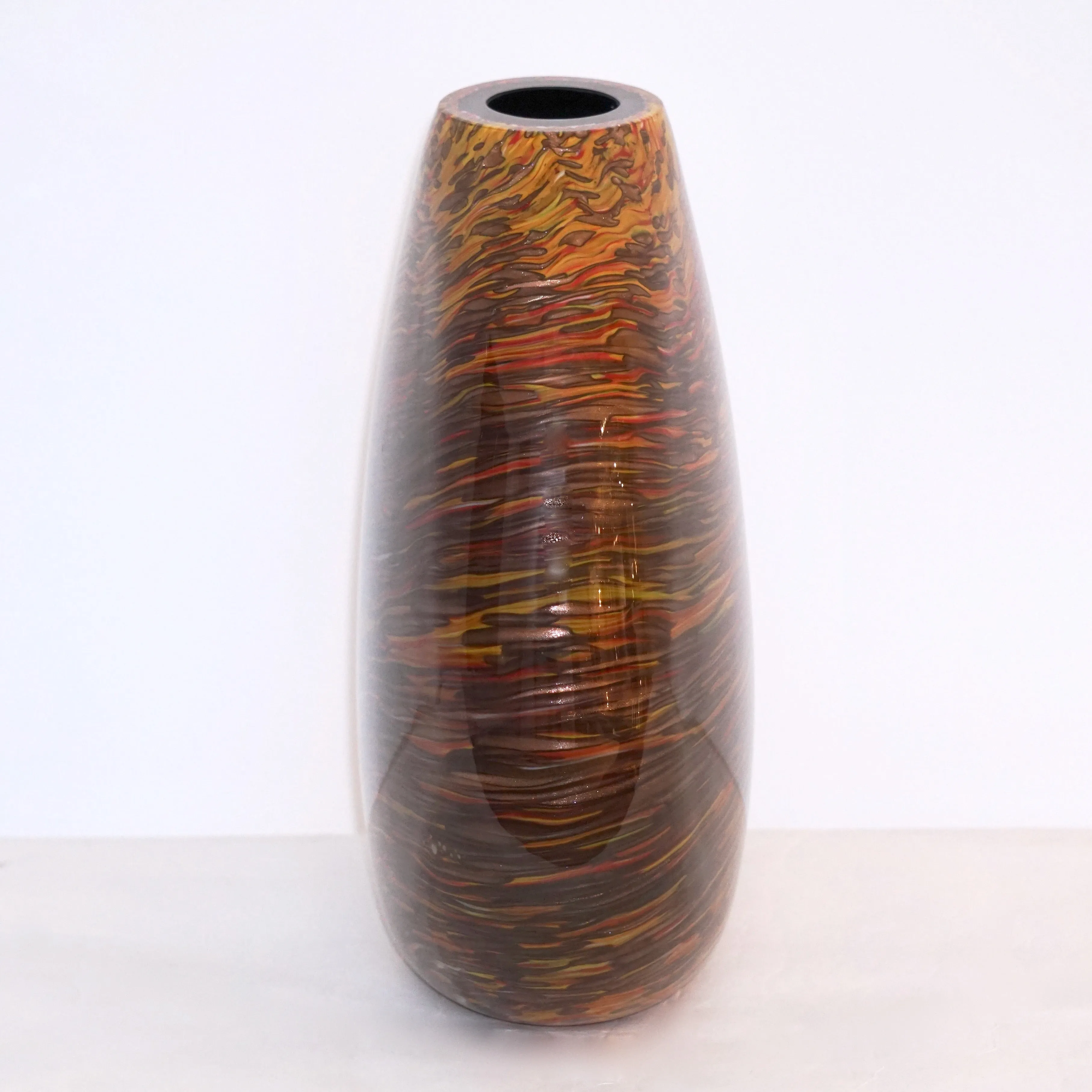 Formia 1980s Modern Elliptical Brown Yellow Red Orange Gold Murano Glass Vase