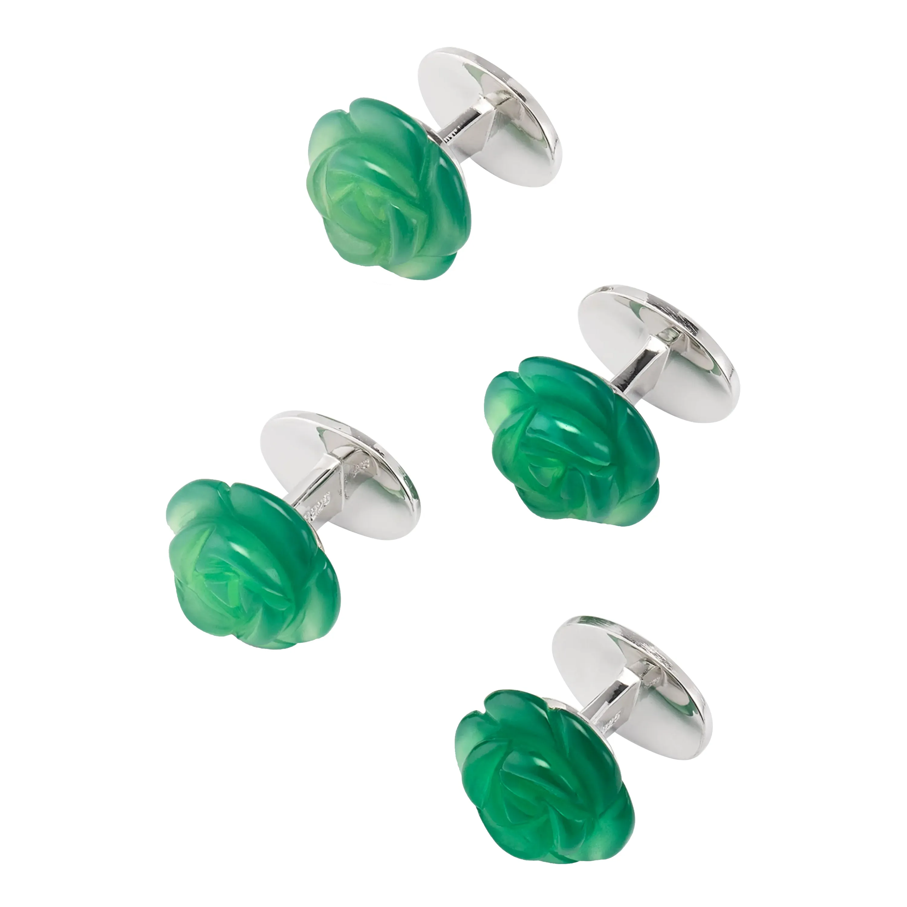 Green Onyx Hand Carved Gemstone Rose Sterling Silver Tuxedo Studs