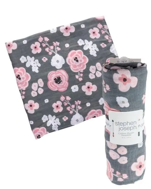 Grey Flower Muslin Swaddle