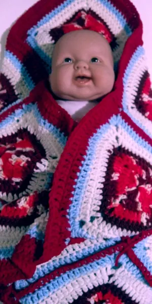 Handmade Granny Square hand crochet of Red, Whites, Light Blue and Red Border Baby Blanket