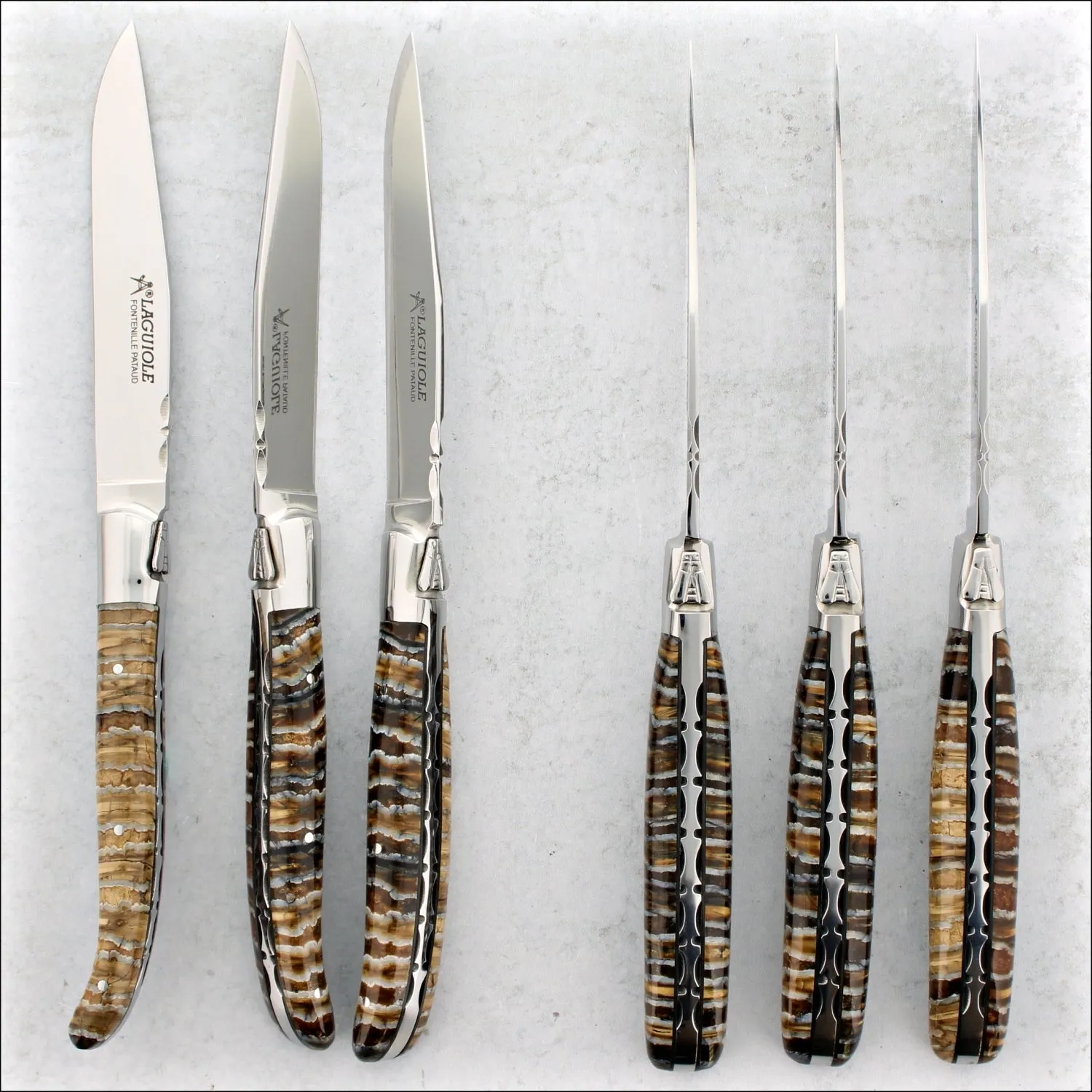 Laguiole Forged Steak Knives Fossilized Woolly Mammoth Tooth - Set of 6 - Jupiter