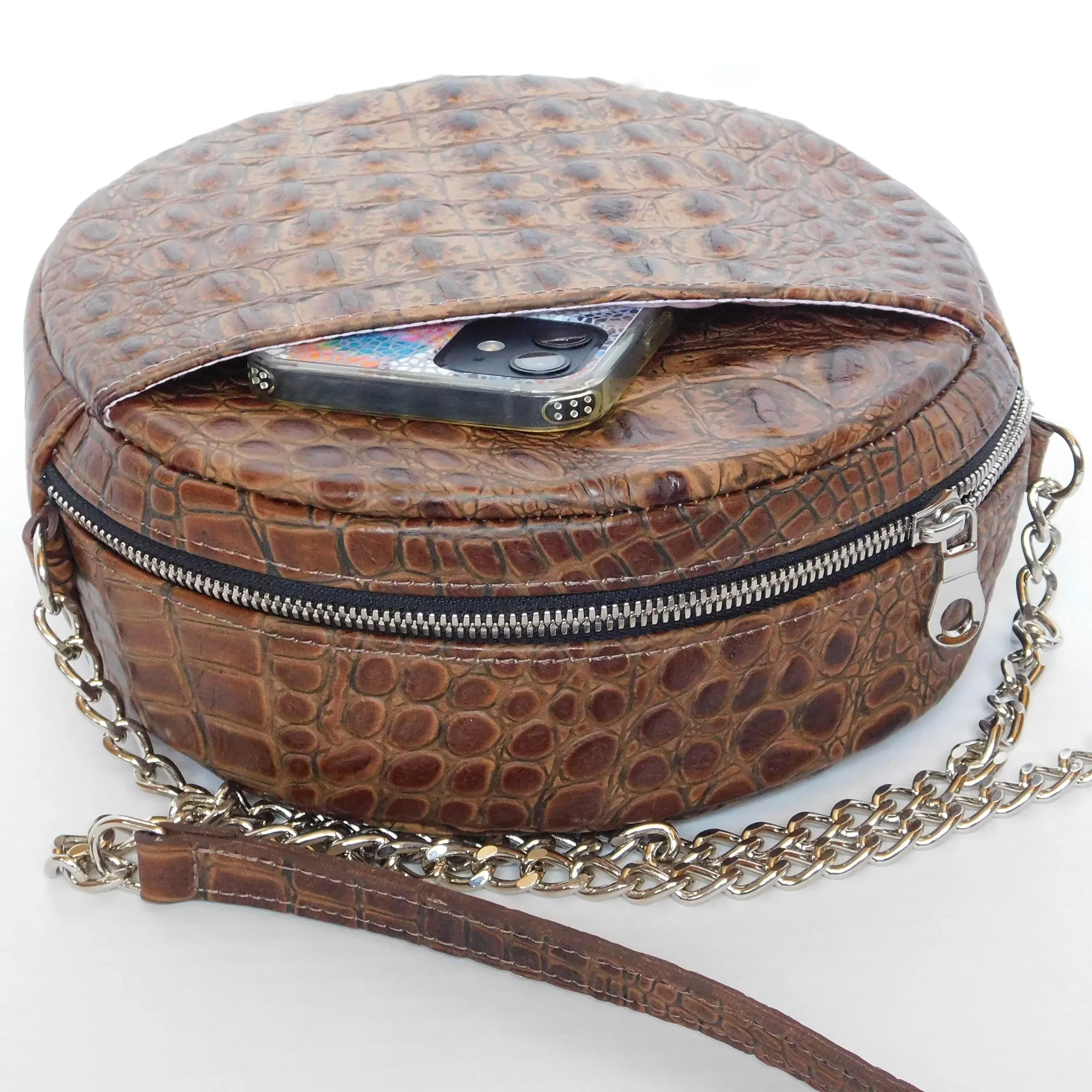 Leather Circle Crossbody Purse - Brown Cinnamon