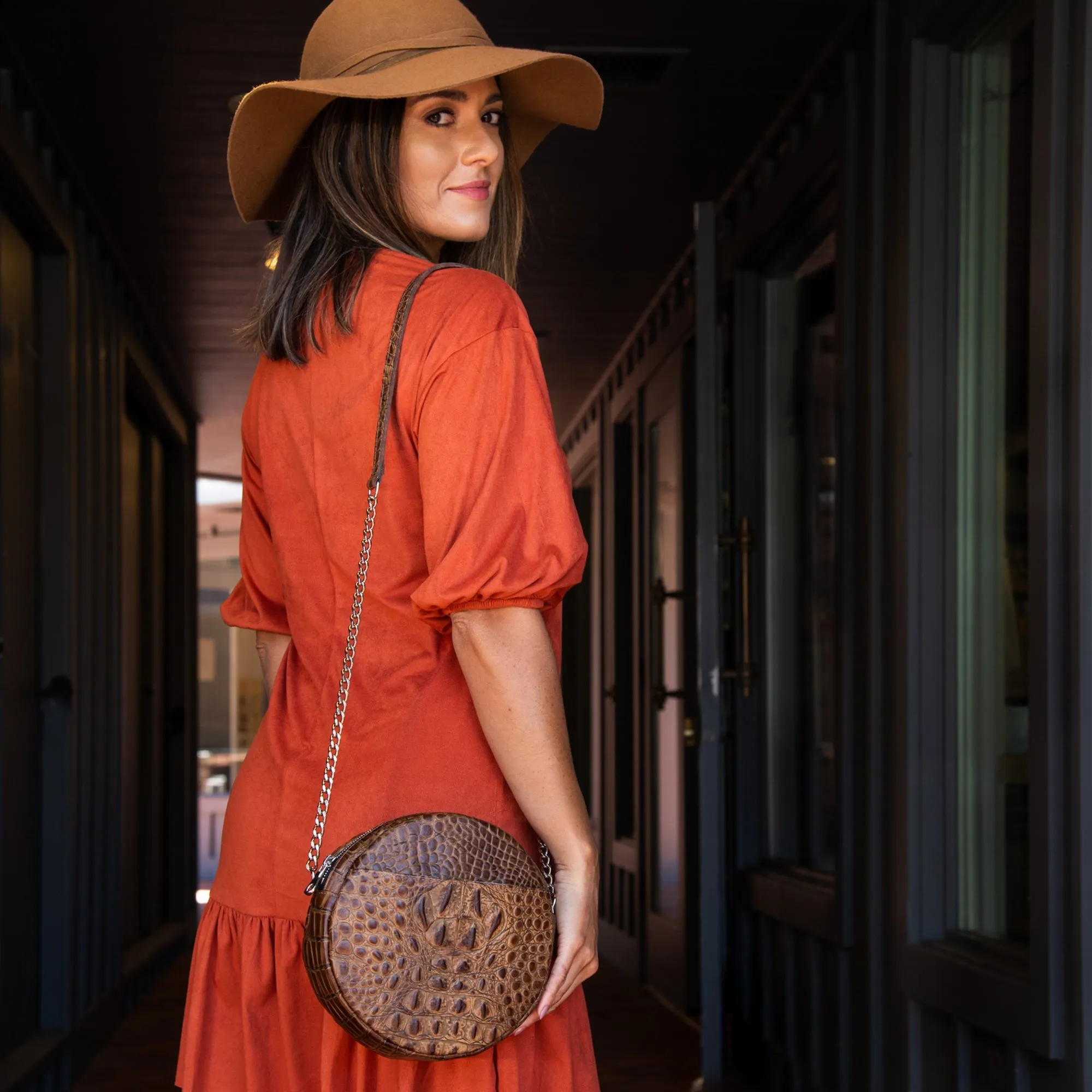 Leather Circle Crossbody Purse - Brown Cinnamon