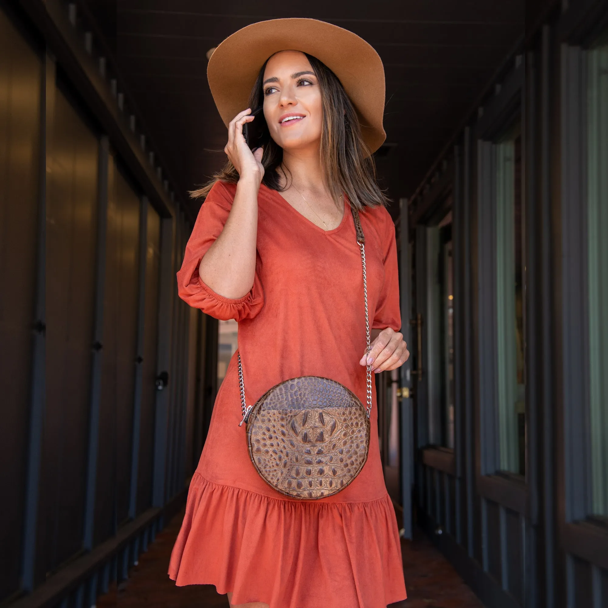 Leather Circle Crossbody Purse - Brown Cinnamon