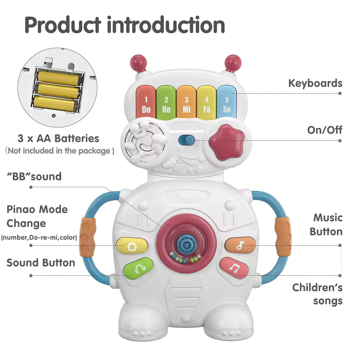 Robot musical toy, number, color, song, early learning educational piano musical instrument for babies toddlers 18 Months 