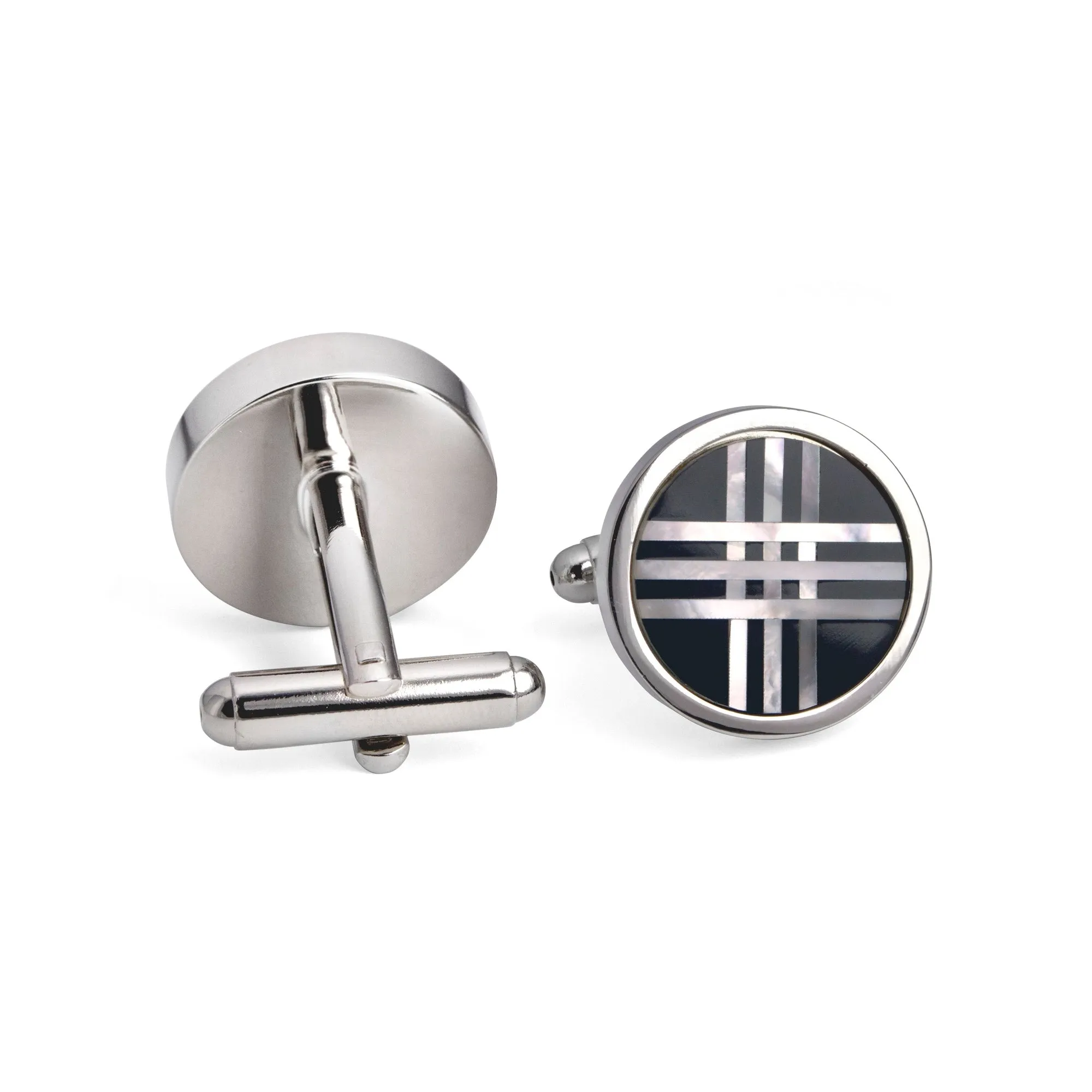 Round Black Cufflinks with White Mother of Pearl Lines Cufflinks (Online Exclusive)