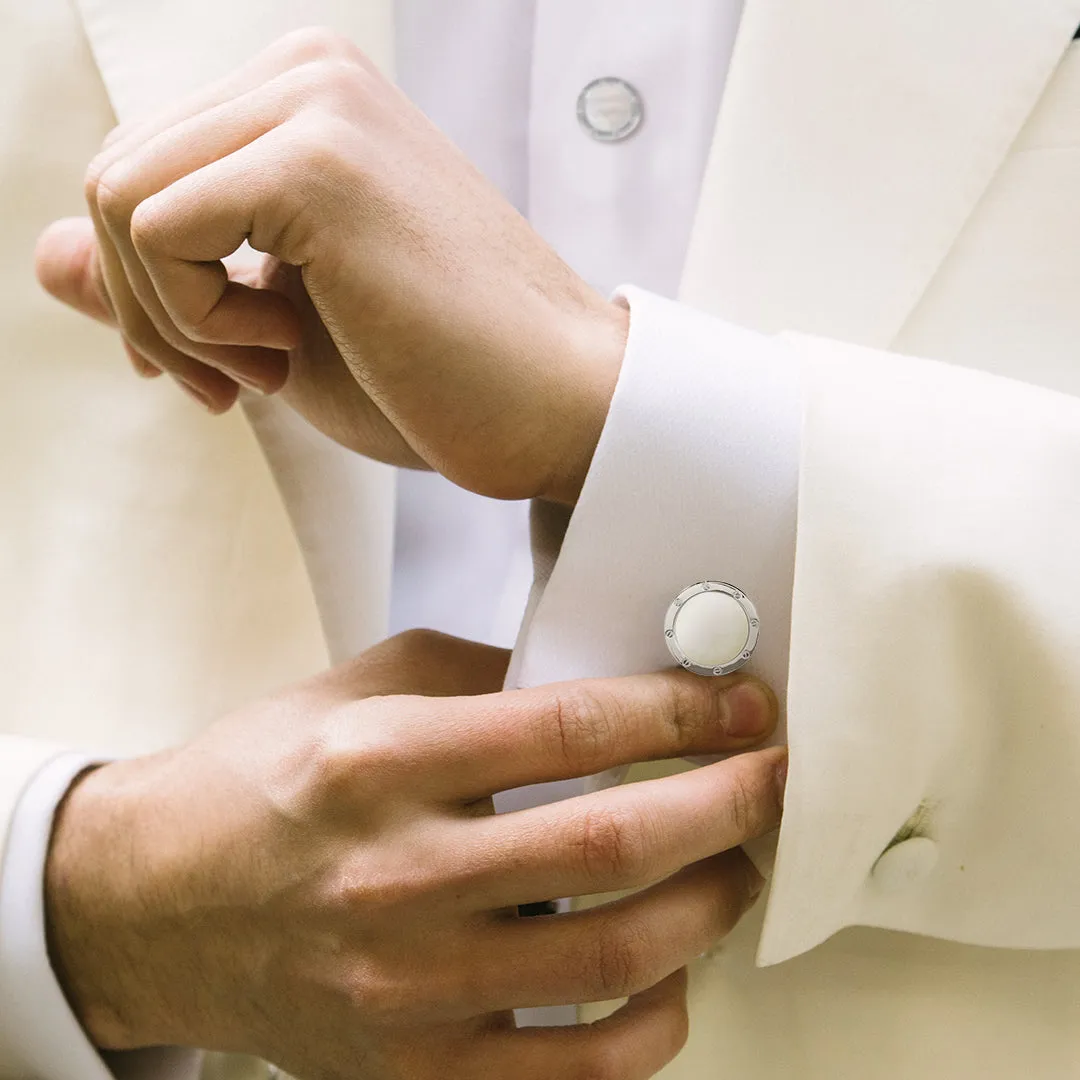 White Mother of Pearl Rivet Etch Sterling Cufflinks & Studs