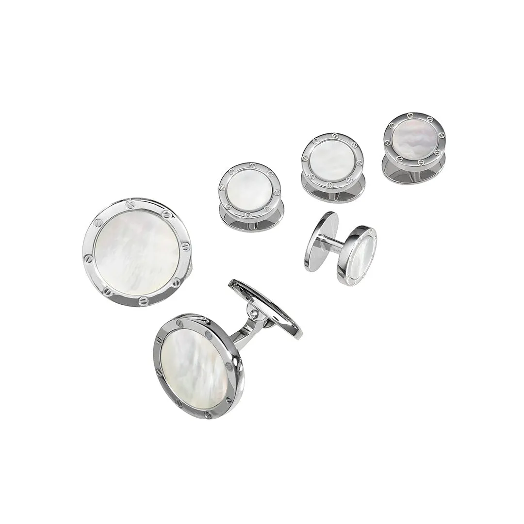 White Mother of Pearl Rivet Etch Sterling Cufflinks & Studs