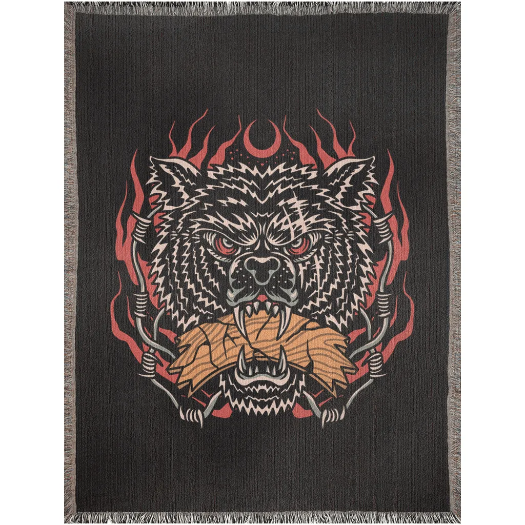 Wild Wolf Traditional Tattoo Style Woven Fringe Blanket / / Wall tapestry, throw for sofa, maximalist decor, tattoo home decor