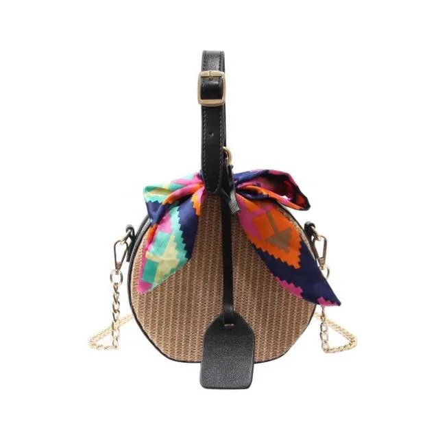 Women Straw Bag Crossbody Bags For Girls Fashion Scarves Round Saddle Bag Rattan Woven Shoulder Messenger Bags Lady Tote Handbag